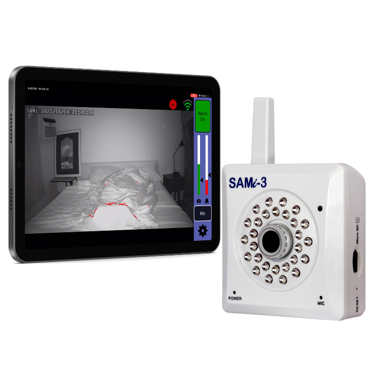 SAMi-3 Second Camera Kit includes the SAMi preconfigured Apple iPad along with a new SAMi-3 sleep activity and seizure detection monitor. This pair is out-of-box ready for use.