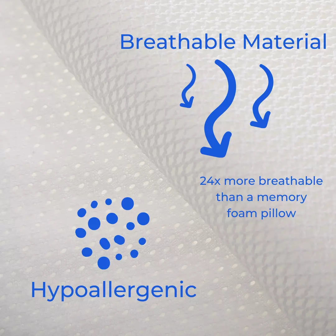 The SleepSure™ Anti-Suffocation Pillow is made with breathable material and is 24 time more breathable than a standard memory foam pillow. It is also hypoallergenic.