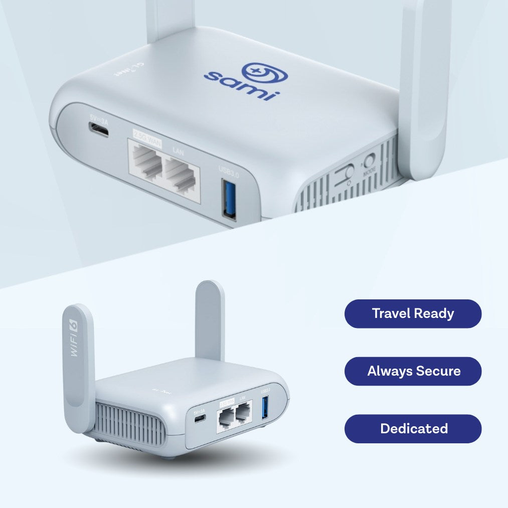 Two network adapters with 'sami' branding on a light blue background, featuring text about features.