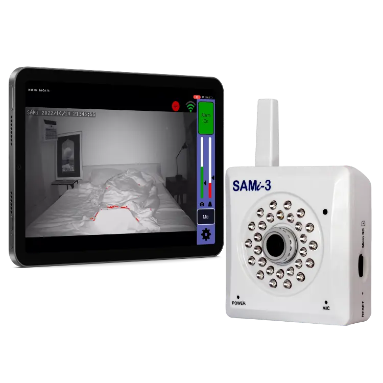 SAMi-3 Second Camera Kit includes the SAMi preconfigured Apple iPad along with a new SAMi-3 sleep activity and seizure detection monitor. This pair is out-of-box ready for use.